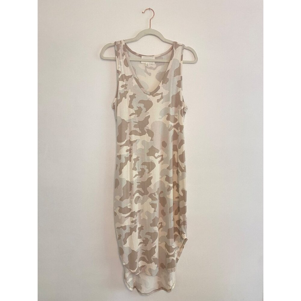 Sleeveless Beige Camo Tank Dress By Olive+Oak Size M With Asymmetrical Hem